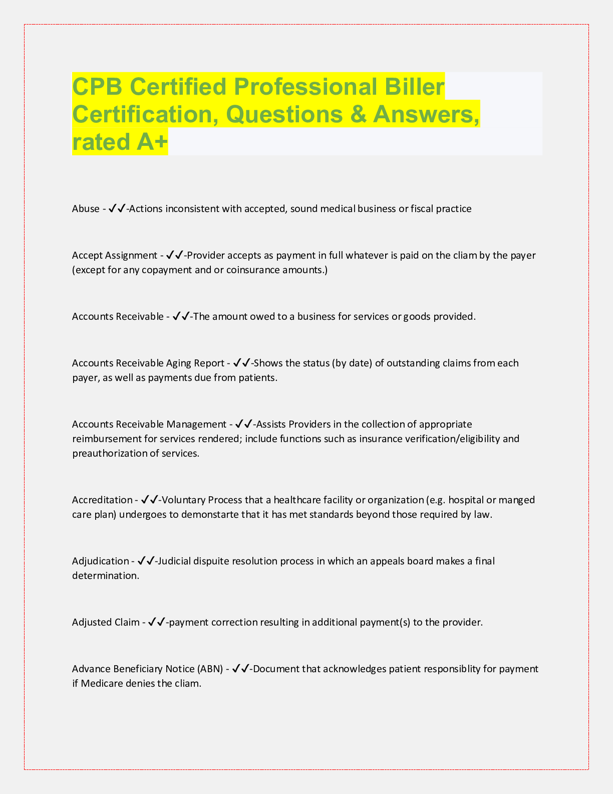 Preview image for CPB Certified Professional Biller  Certification, Questions & Answers,  rated A+